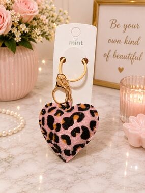 Mint Pink Leopard Heart Keychain with Gold -tone Hardware